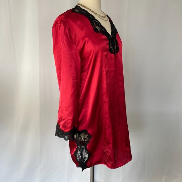 Lingerie Nightgown Size Small Red Satin Black Lace Long Sleeve Sleep Silky Sexy - Picture 4 of 15